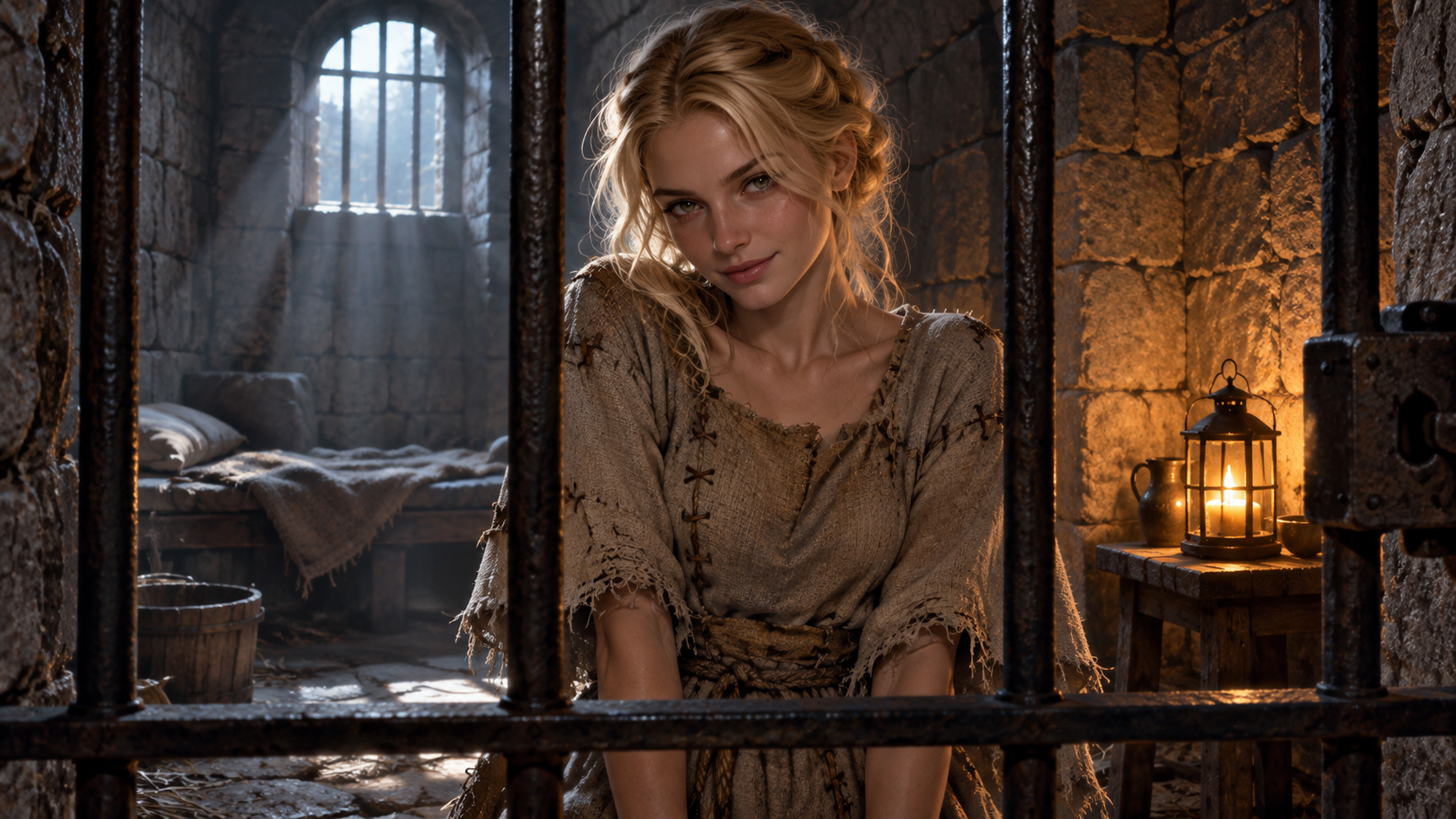 A blonde woman in rough burlap clothing watches from behind the bars of a stone cell.